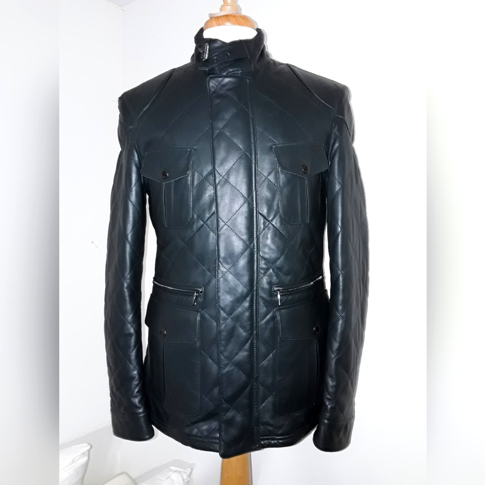 Kent and Curwen Beautiful Green Diamond Pattern Leather Field Jacket size Small